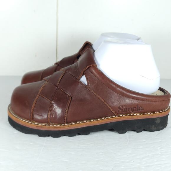 Simple Women's US 8 Brown Leather Woven Slip-On Mules Clogs Shoes - Picture 2 of 16